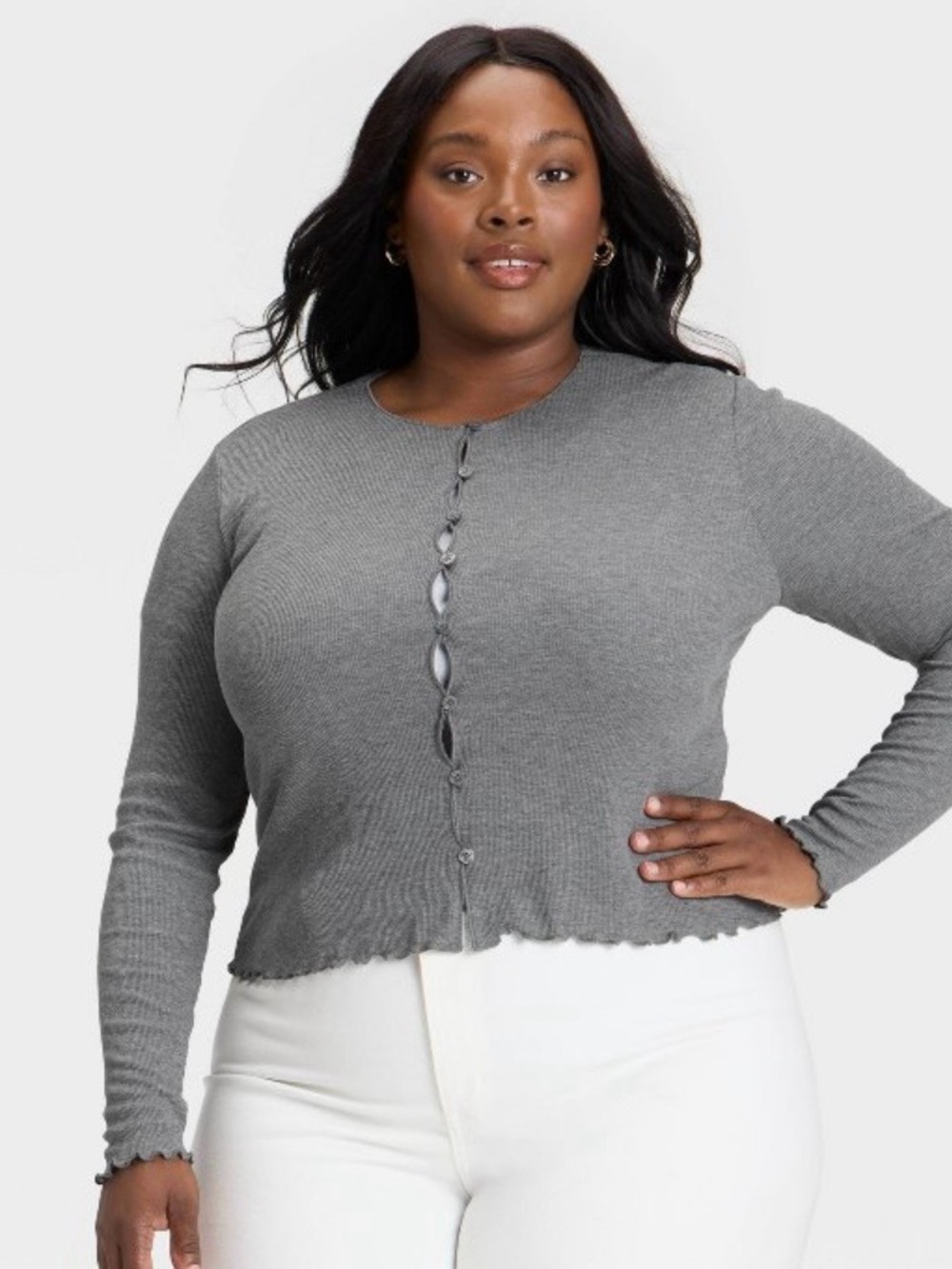 Universal Thread Gray Ribbed Button-Front Long Sleeve Cardigan